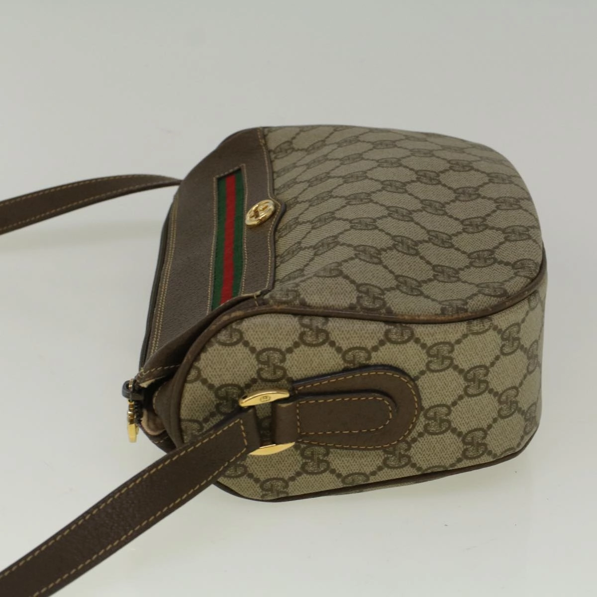 GUCCI GG Canvas Web Sherry Line Shoulder Bag PVC Leather Beige Green  57284