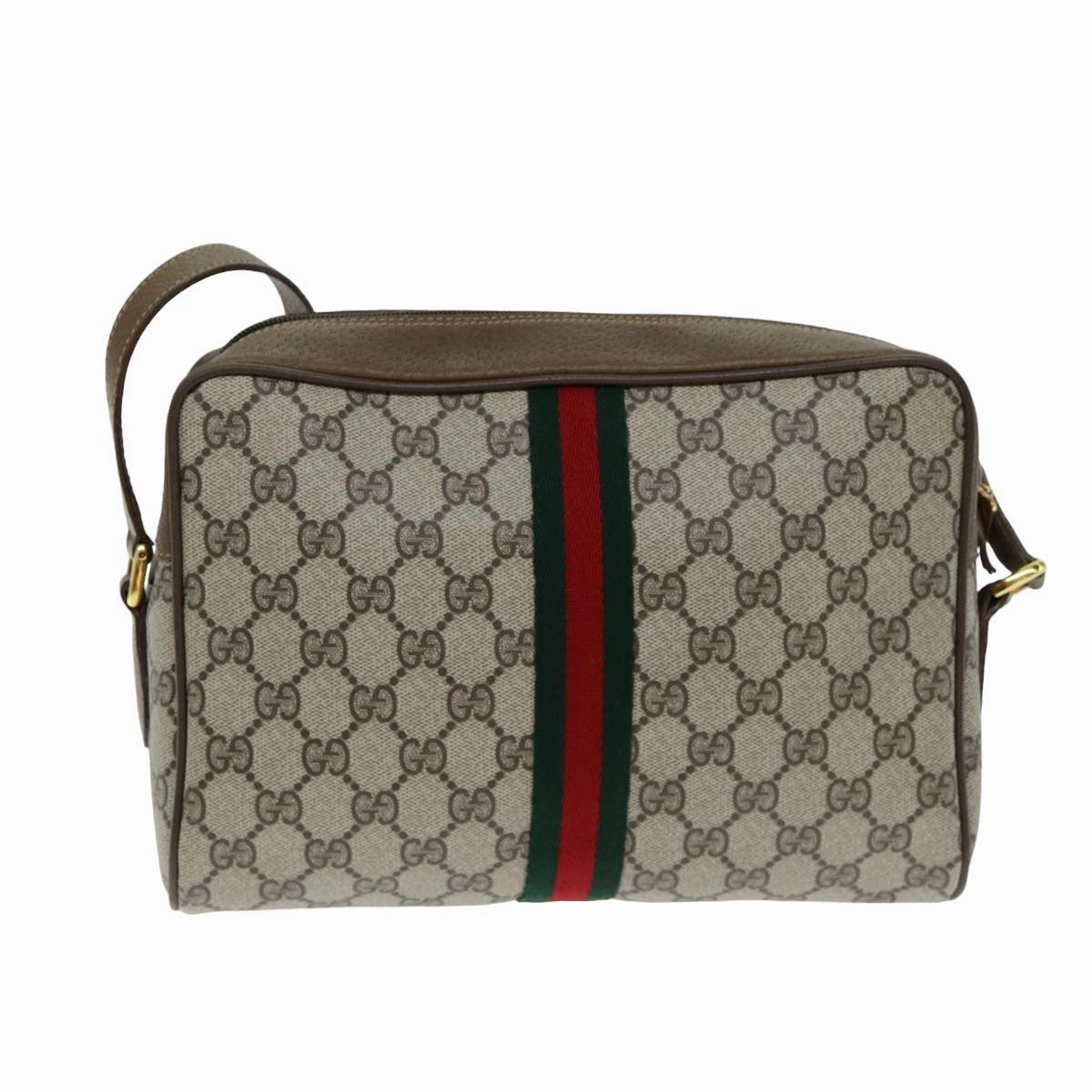GUCCI GG Canvas Web Sherry Line Shoulder Bag PVC Leather Beige Red  13472