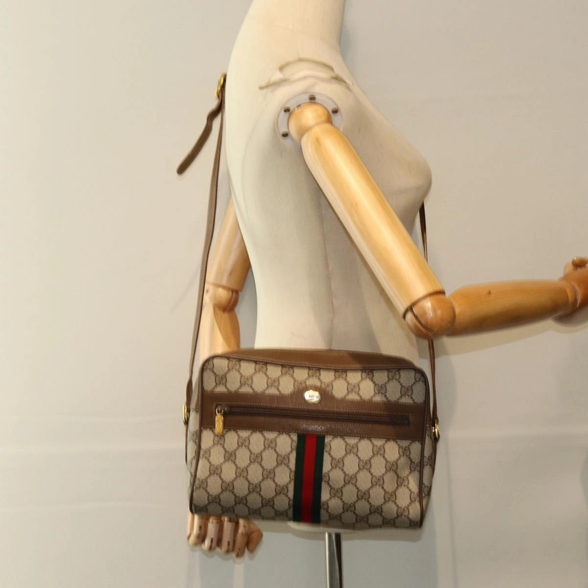 GUCCI GG Canvas Web Sherry Line Shoulder Bag PVC Leather Beige Red  13472