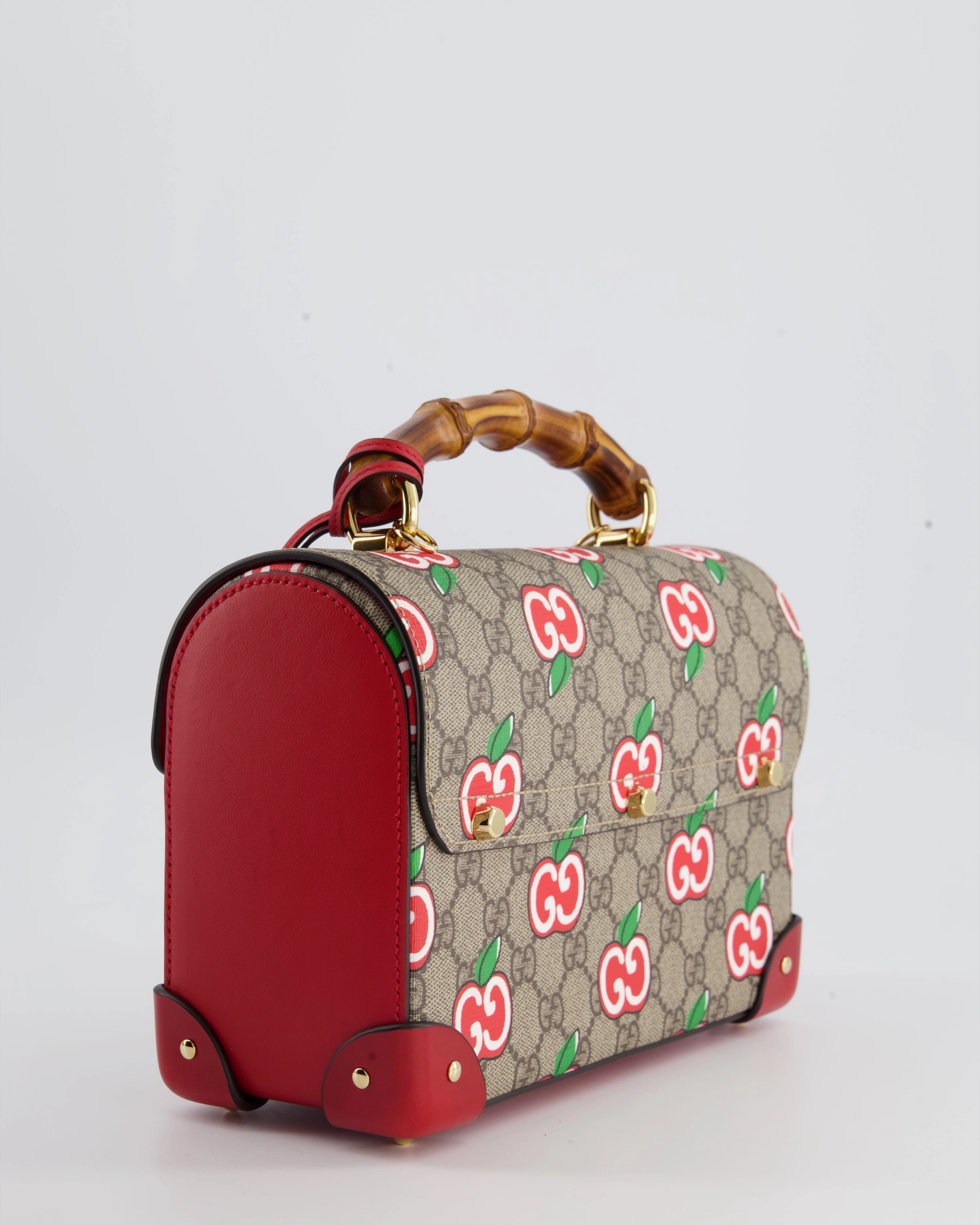 Gucci GG Supreme Padlock Apple Monogram Shoulder Bag with Bamboo Handle and Gold Hardware