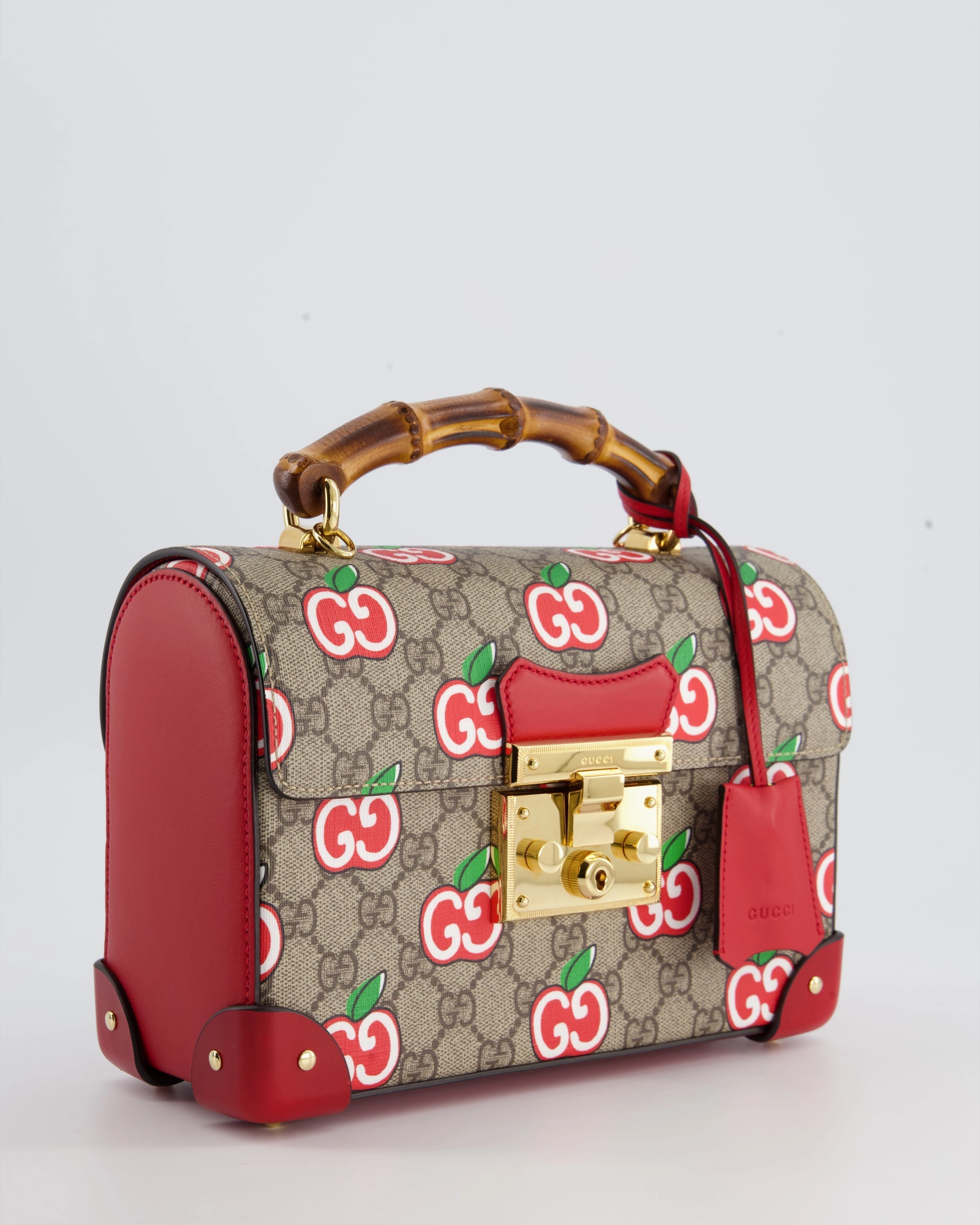 Gucci GG Supreme Padlock Apple Monogram Shoulder Bag with Bamboo Handle and Gold Hardware