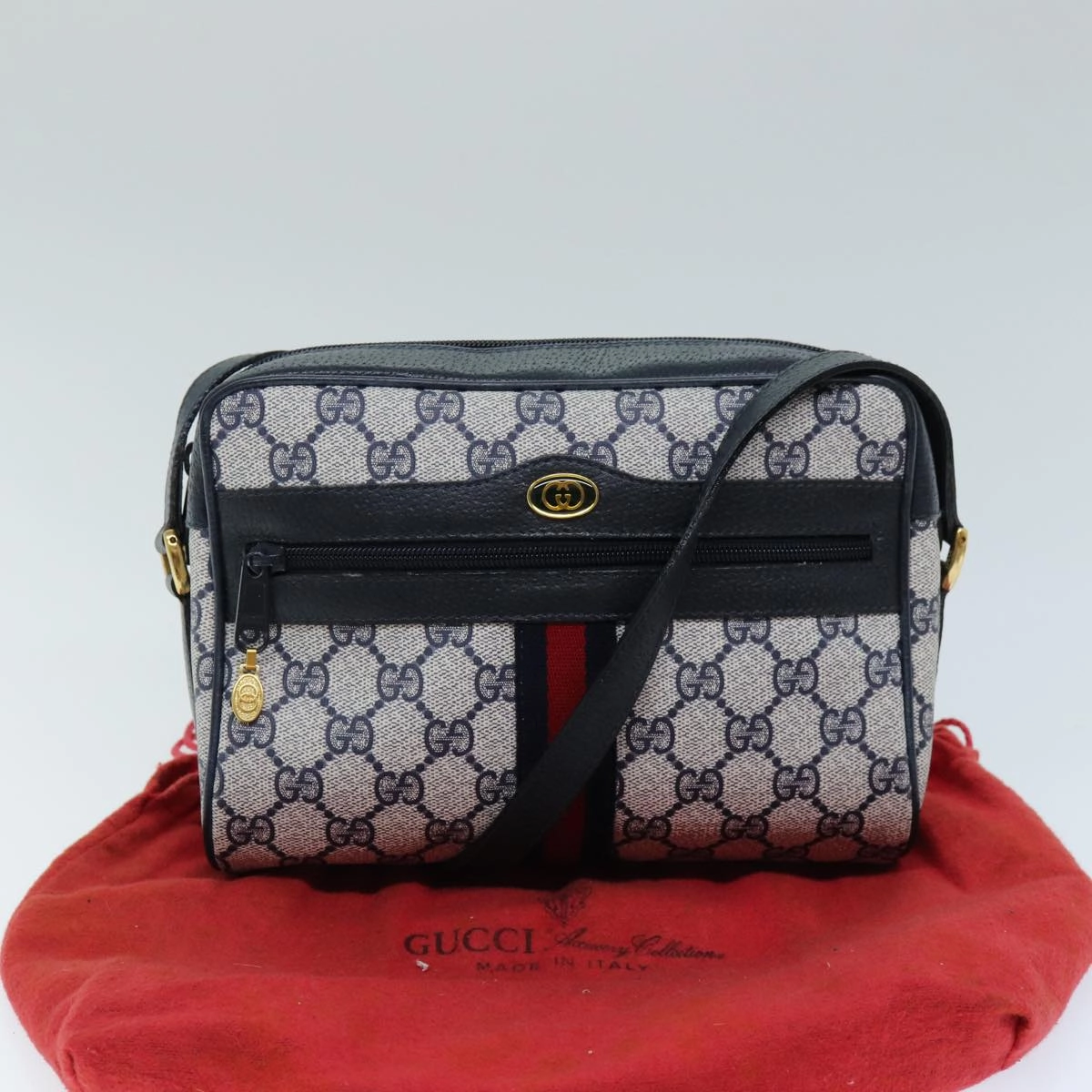 GUCCI GG Supreme Sherry Line Shoulder Bag PVC Navy Red 56 02 004  am6288