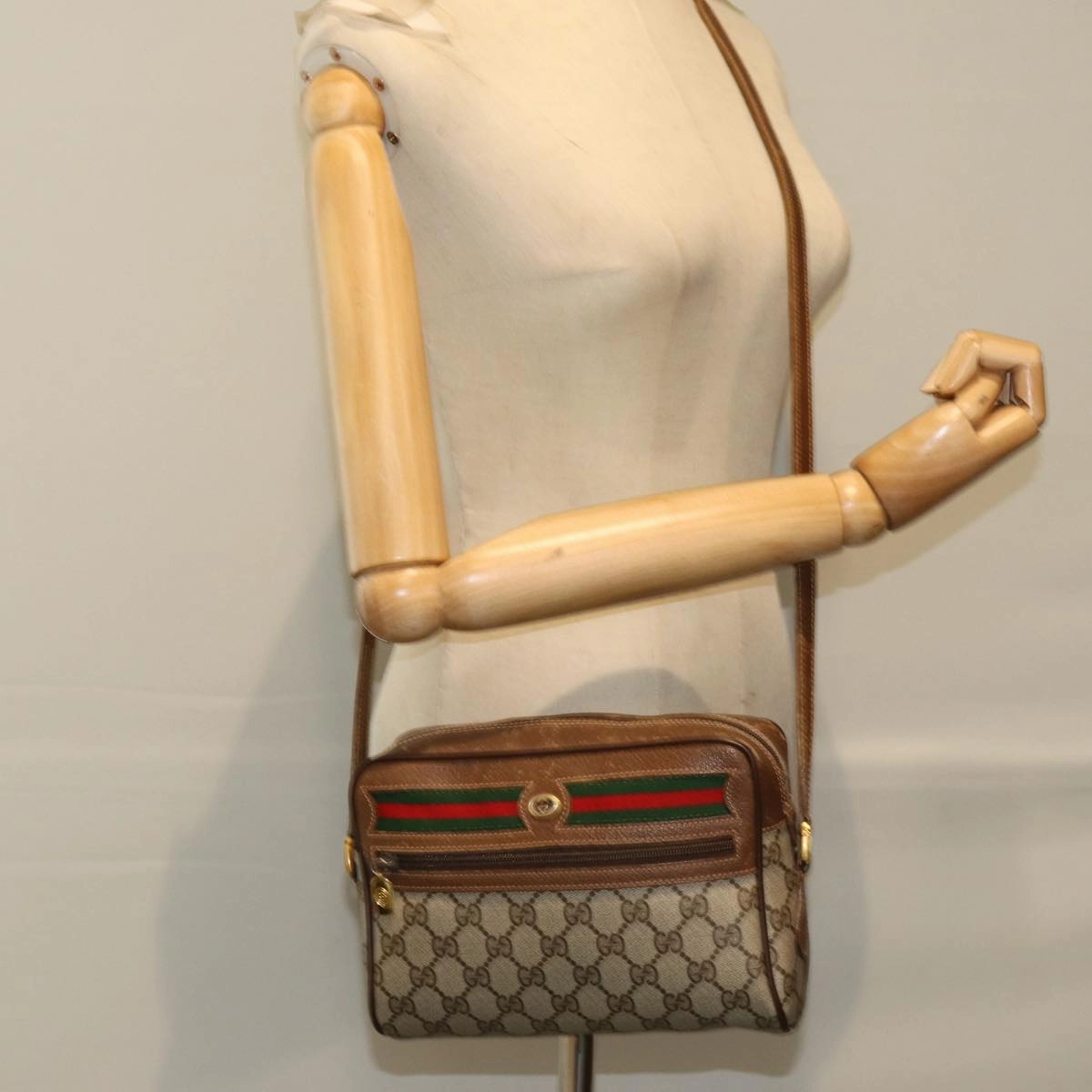 GUCCI GG Supreme Web Sherry Line Shoulder Bag PVC Beige 56 02 087  74416