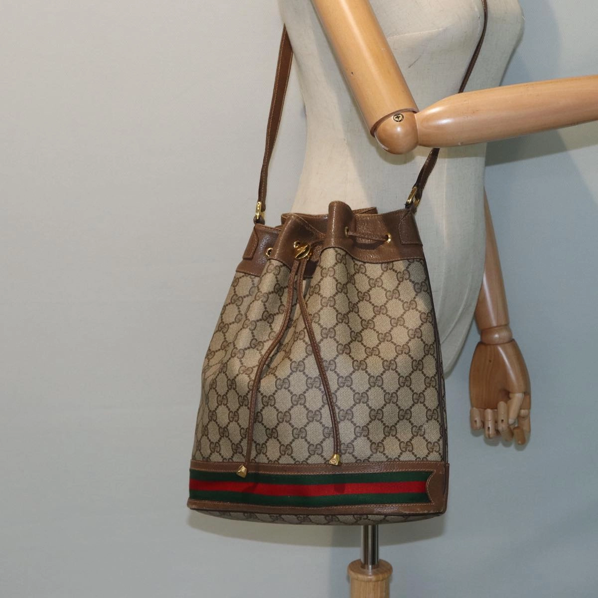 GUCCI GG Supreme Web Sherry Line Shoulder Bag PVC Beige Gold  85474