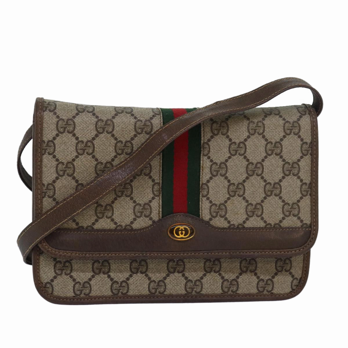 GUCCI GG Supreme Web Sherry Line Shoulder Bag PVC Leather Beige Red  81049