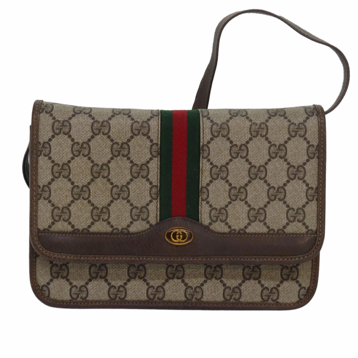 GUCCI GG Supreme Web Sherry Line Shoulder Bag PVC Leather Beige Red  81049