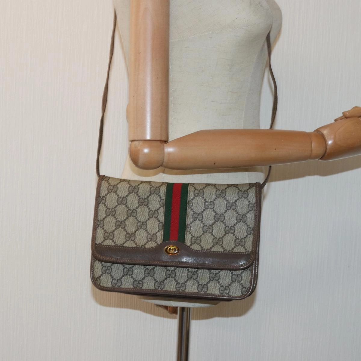 GUCCI GG Supreme Web Sherry Line Shoulder Bag PVC Leather Beige Red  81049