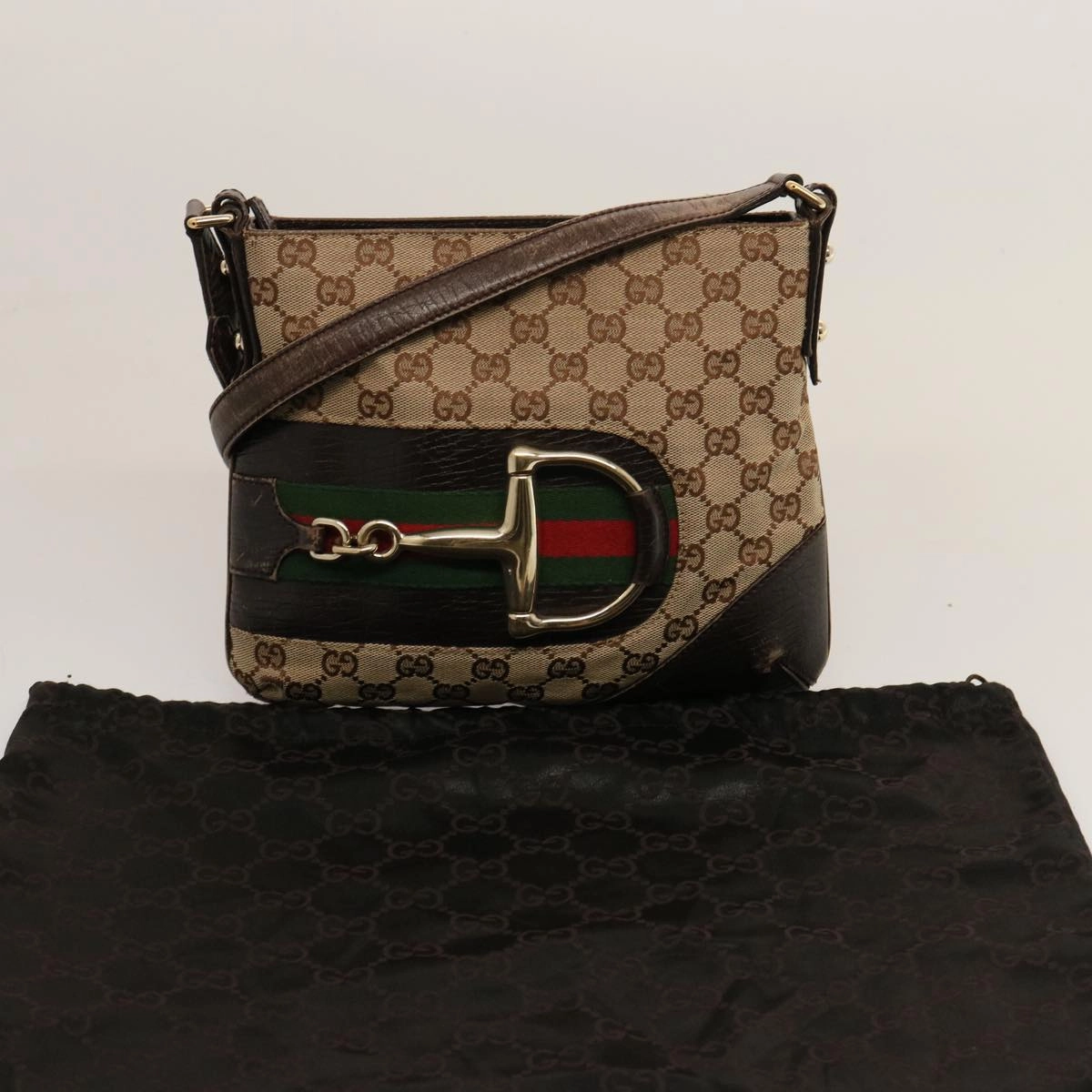 GUCCI Horsebit WebSherry Line GG Canvas Shoulder Bag Beige Red 141506  75597