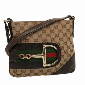 GUCCI Horsebit WebSherry Line GG Canvas Shoulder Bag Beige Red 141506  75597