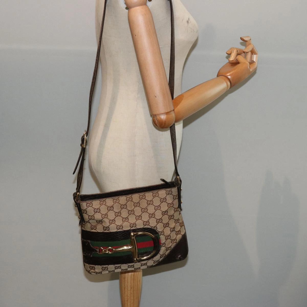 GUCCI Horsebit WebSherry Line GG Canvas Shoulder Bag Beige Red 141506  75597