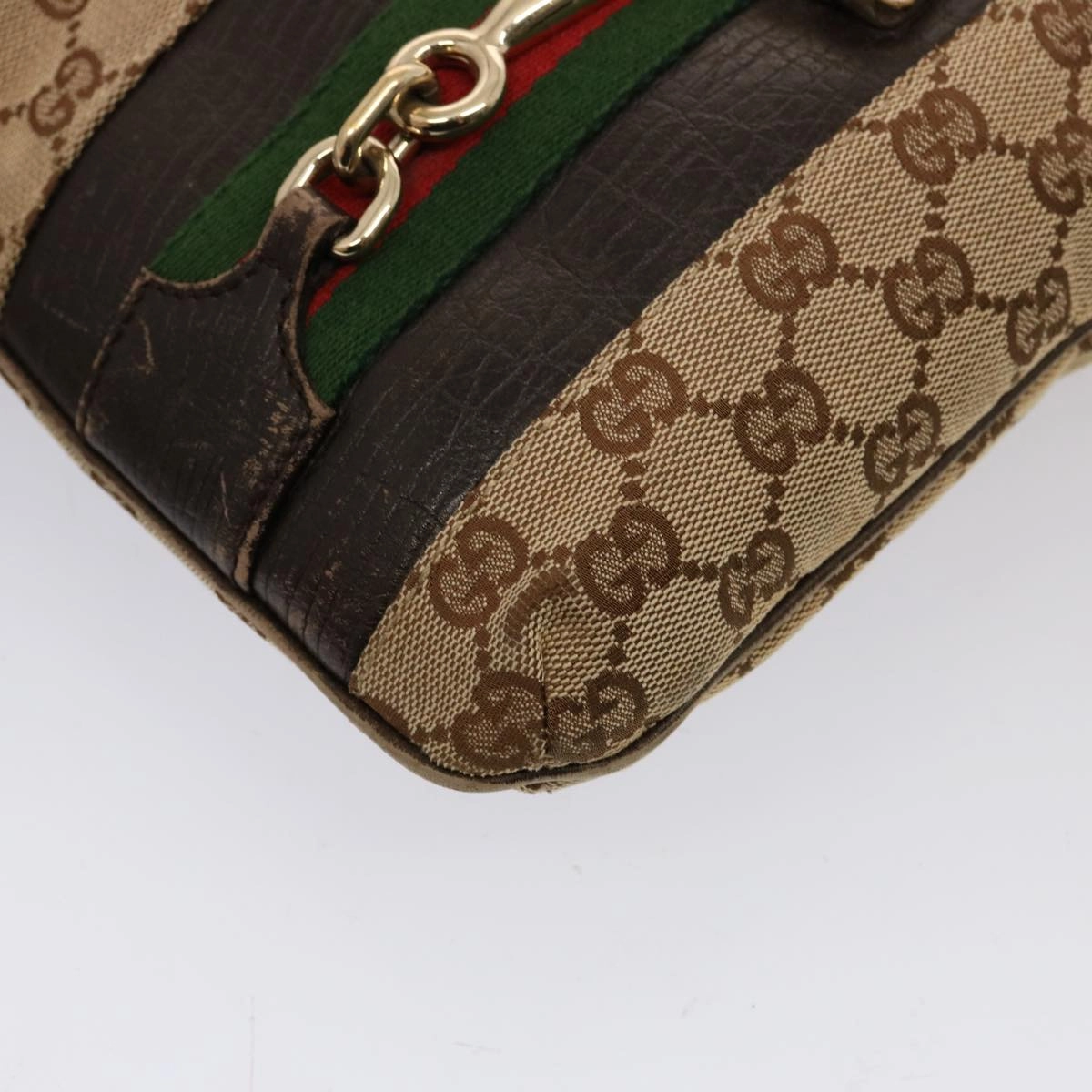 GUCCI Horsebit WebSherry Line GG Canvas Shoulder Bag Beige Red 141506  75597