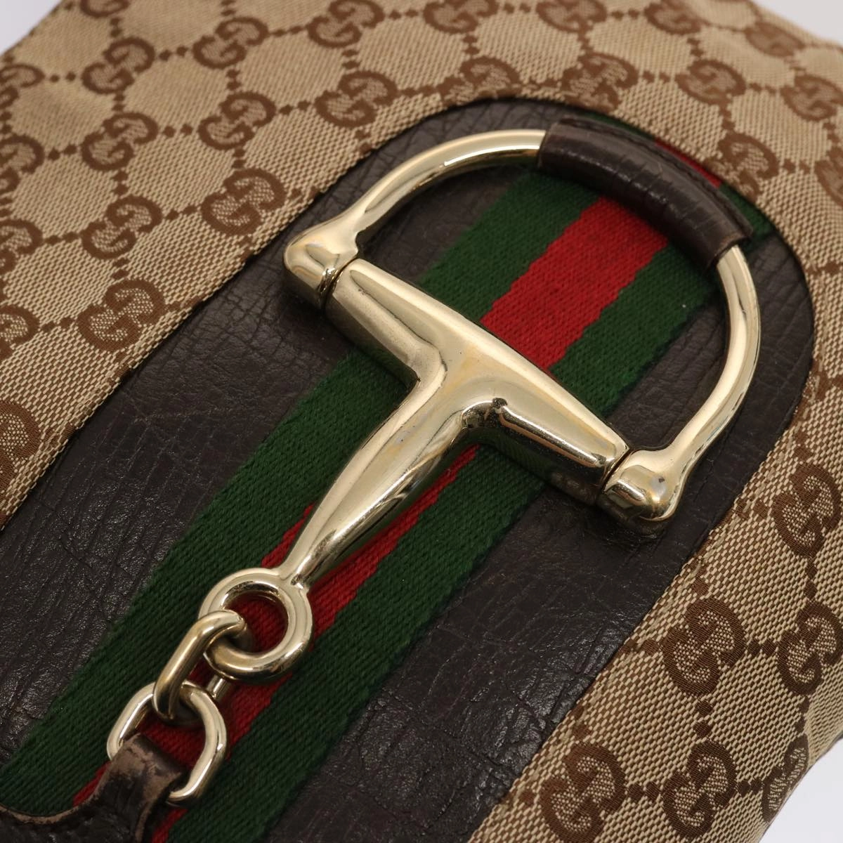 GUCCI Horsebit WebSherry Line GG Canvas Shoulder Bag Beige Red 141506  75597
