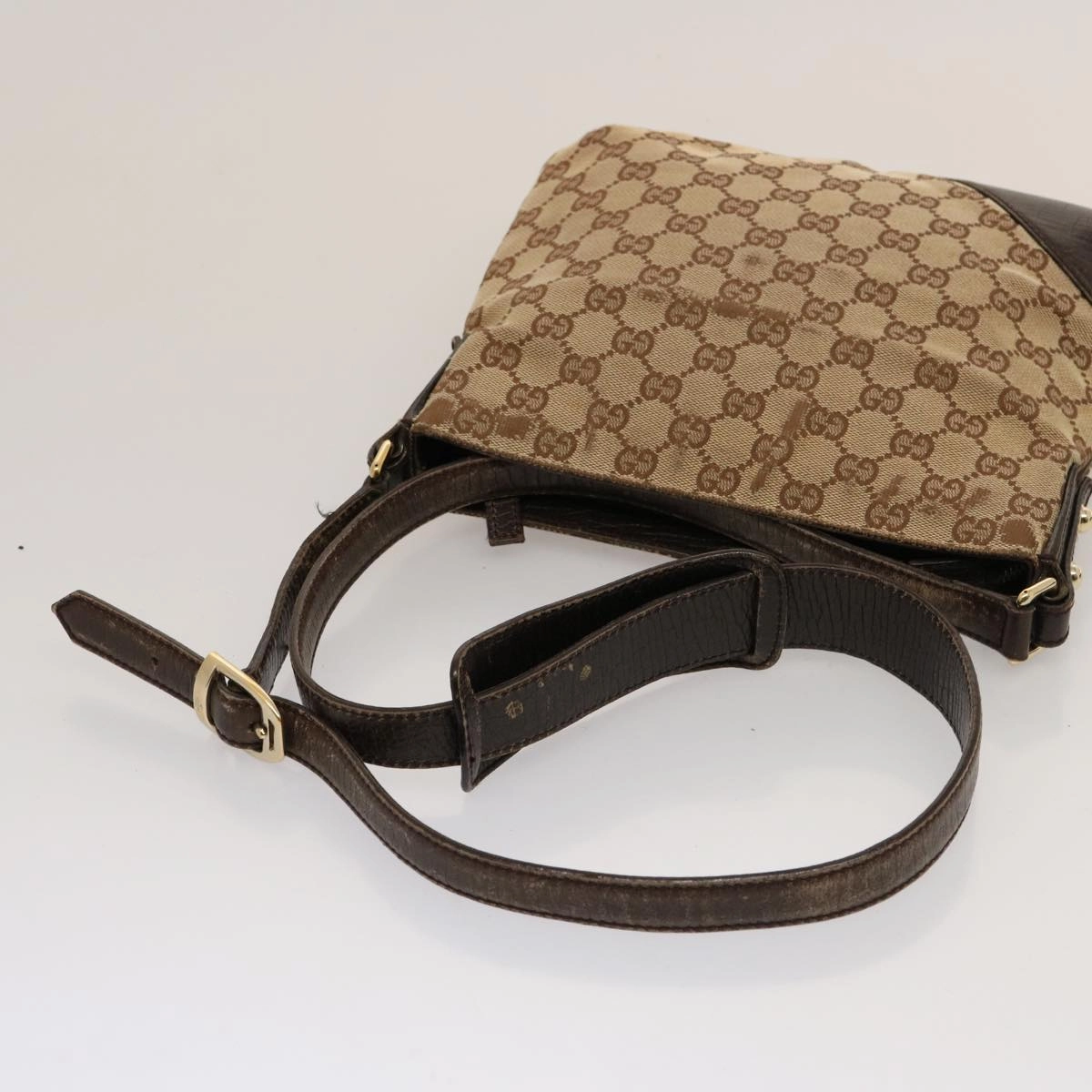GUCCI Horsebit WebSherry Line GG Canvas Shoulder Bag Beige Red 141506  75597
