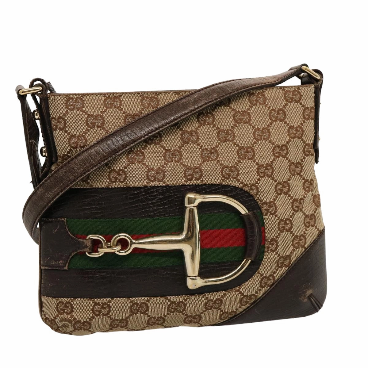 GUCCI Horsebit WebSherry Line GG Canvas Shoulder Bag Beige Red 141506  75597