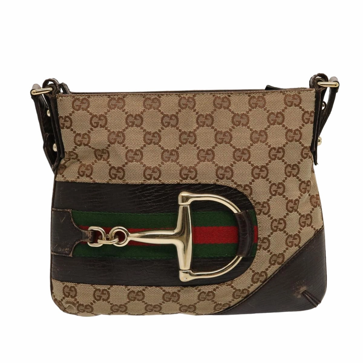 GUCCI Horsebit WebSherry Line GG Canvas Shoulder Bag Beige Red 141506  75597