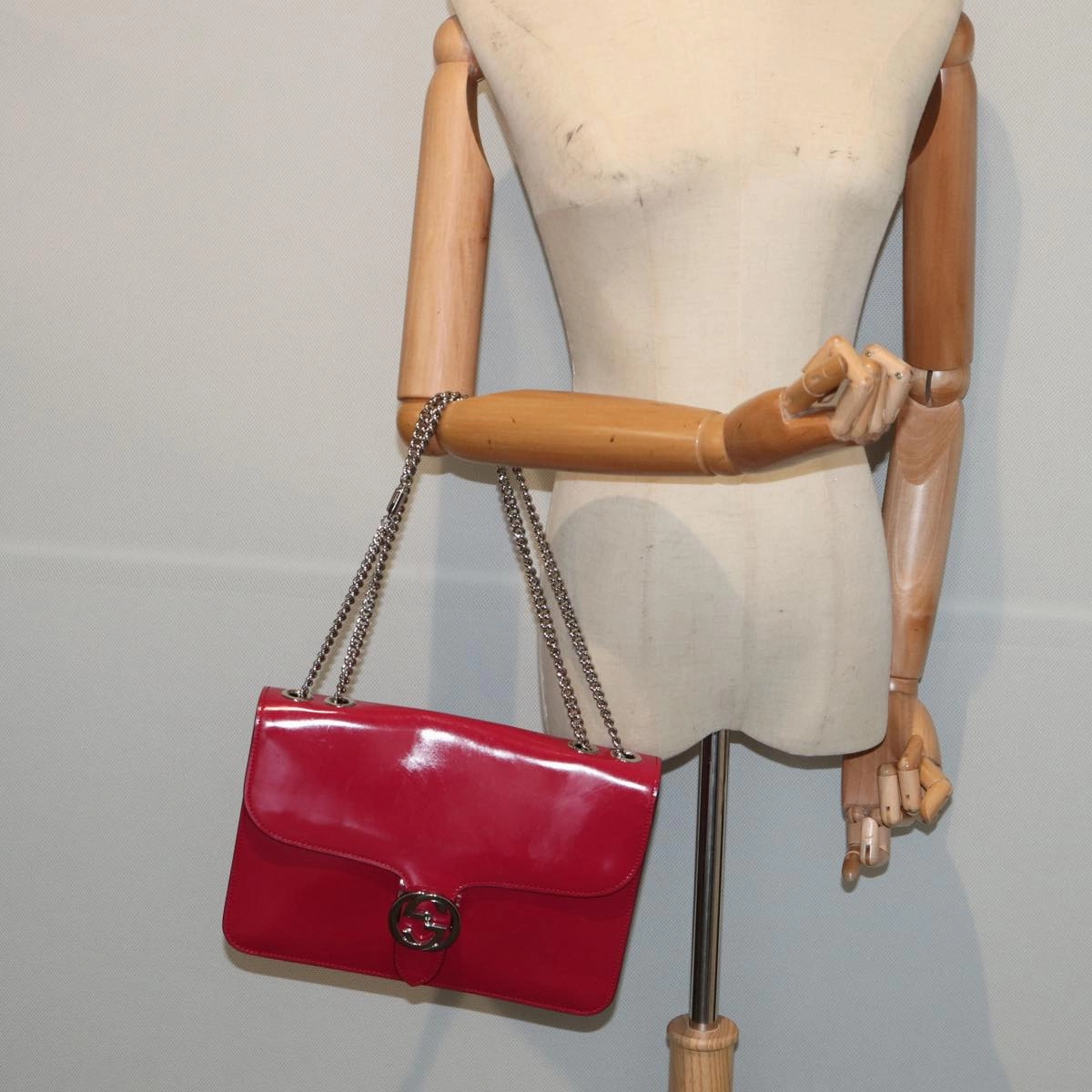 GUCCI Interlocking Chain Shoulder Bag Enamel Pink 387606  14089