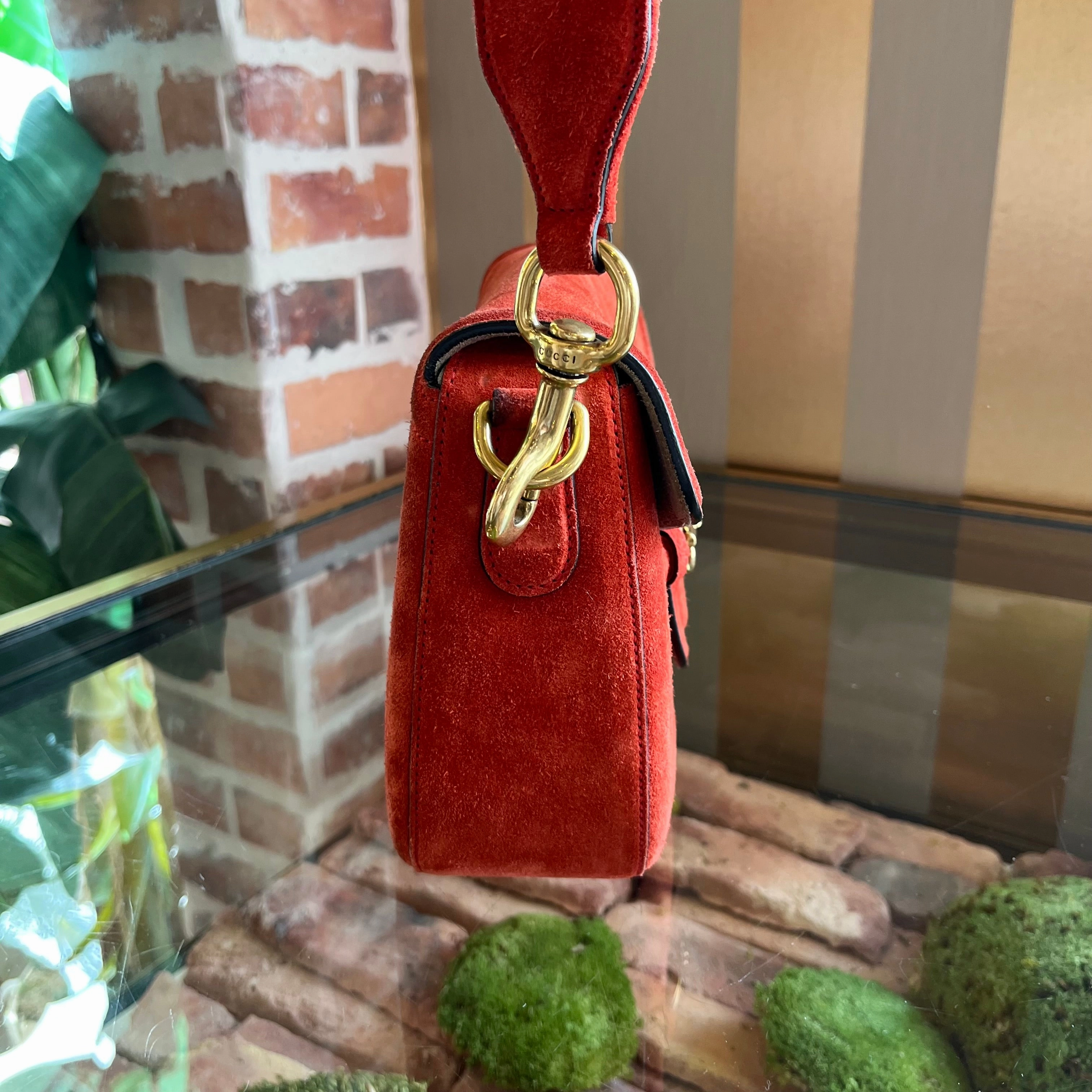 GUCCI Lady Web Horse Bit Orange Suede Shoulder Bag