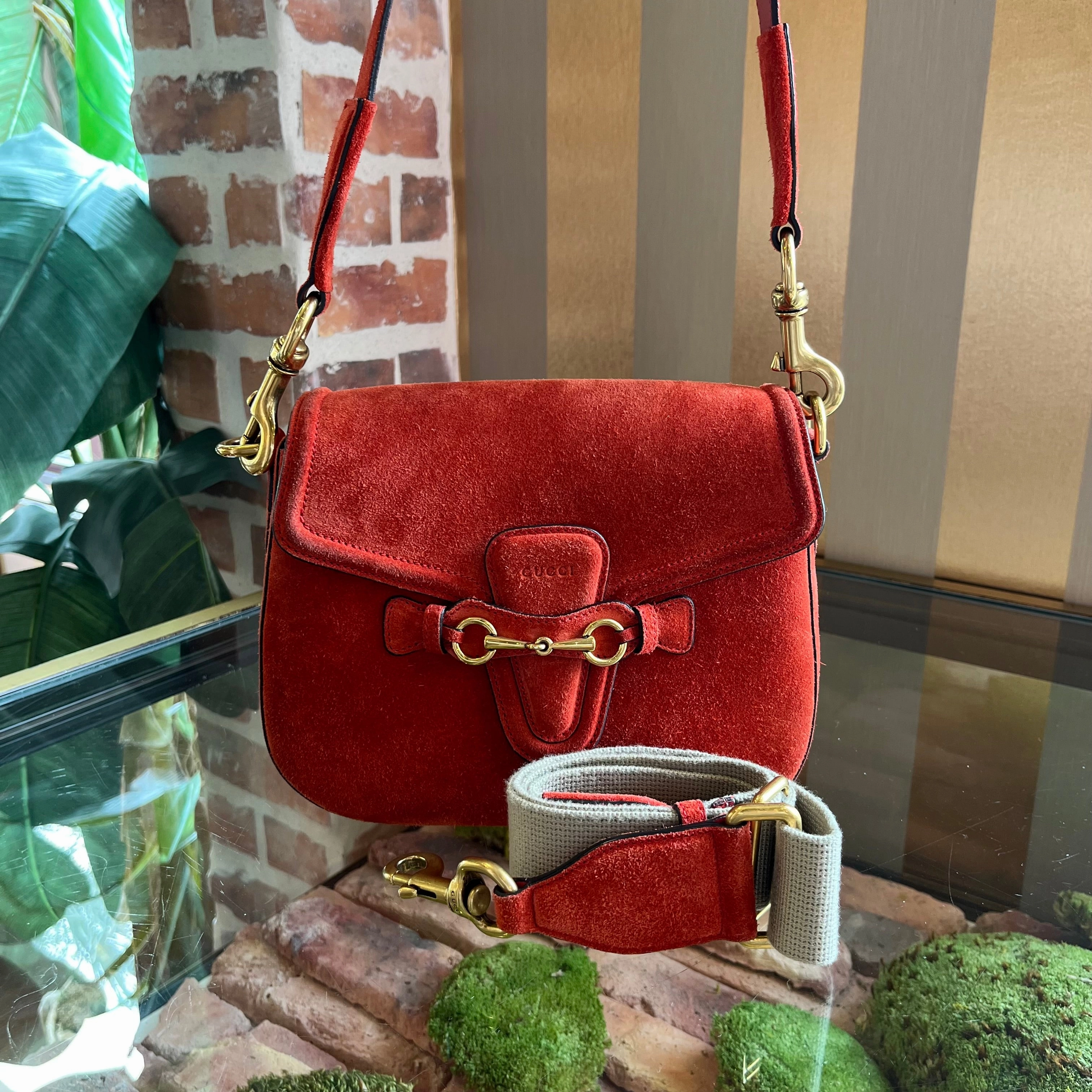 GUCCI Lady Web Horse Bit Orange Suede Shoulder Bag