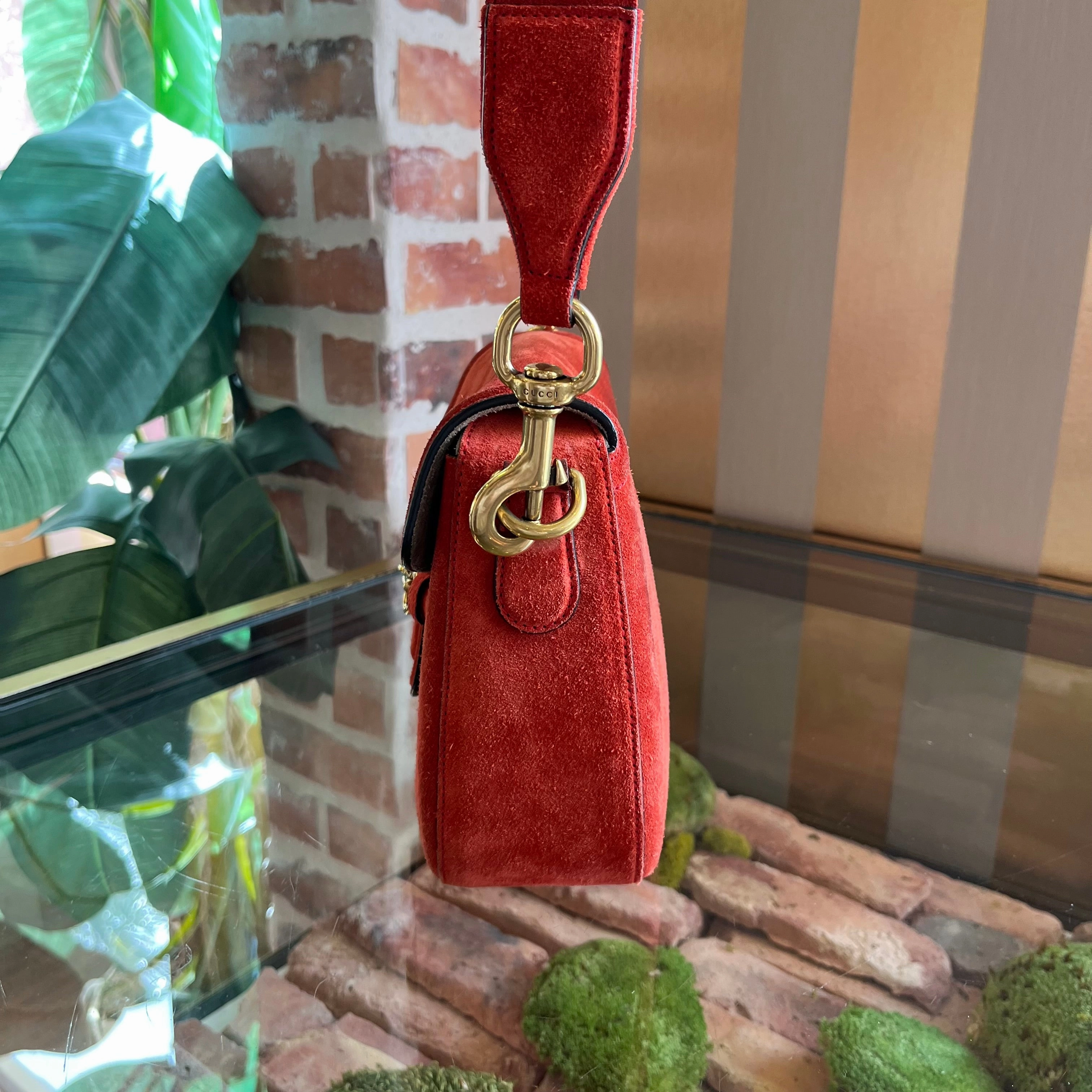 GUCCI Lady Web Horse Bit Orange Suede Shoulder Bag