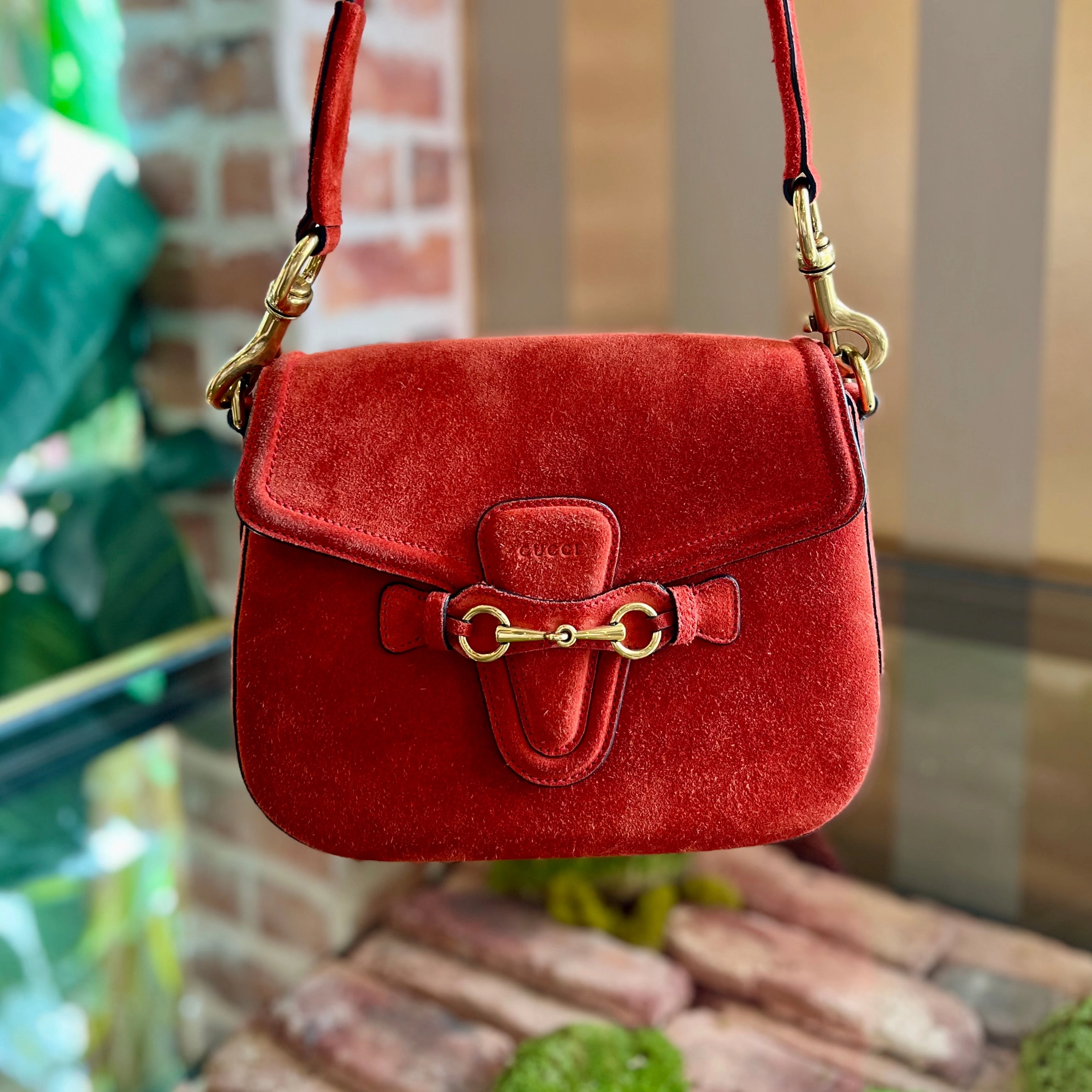 GUCCI Lady Web Horse Bit Orange Suede Shoulder Bag