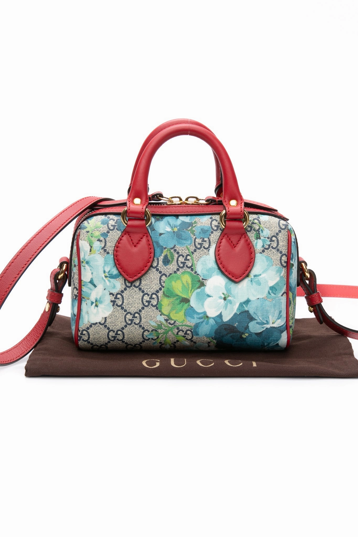 GUCCI Navy Blue Hibiscus GG Supreme Monogram Blooms Mini Boston Crossbody Bag