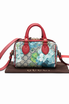 GUCCI Navy Blue Hibiscus GG Supreme Monogram Blooms Mini Boston Crossbody Bag