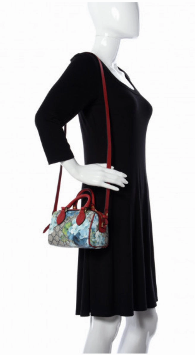 GUCCI Navy Blue Hibiscus GG Supreme Monogram Blooms Mini Boston Crossbody Bag