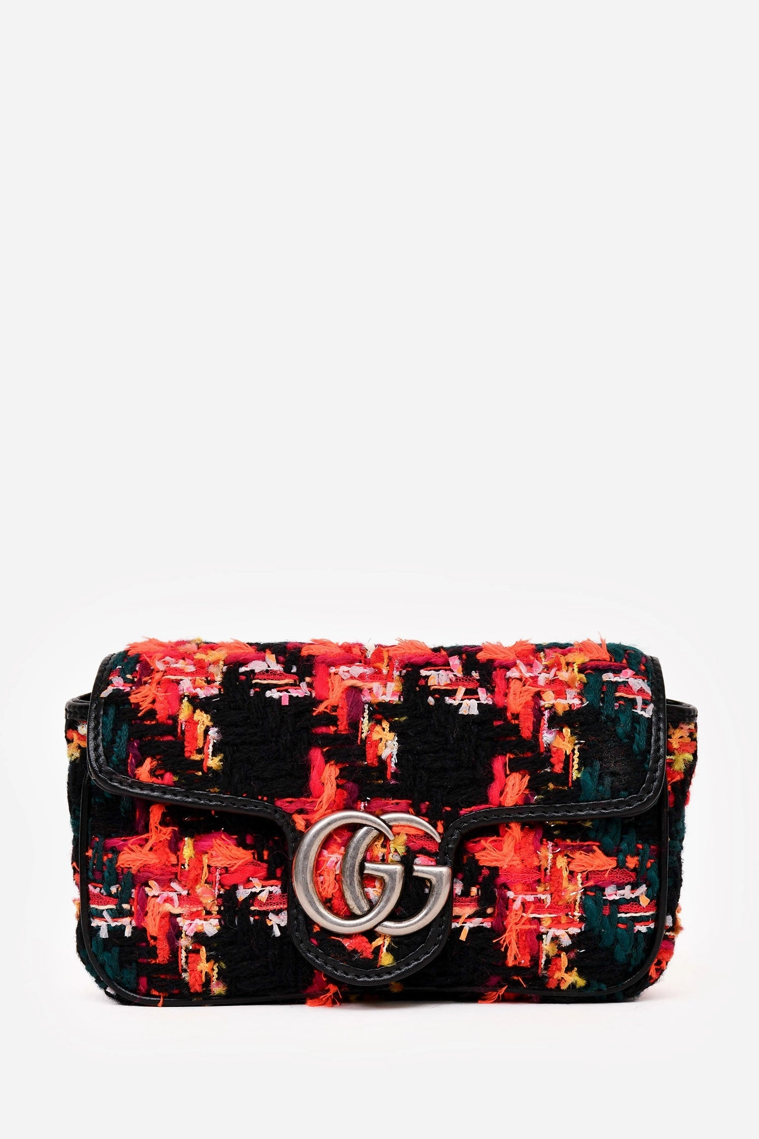 Gucci Orange/Green Tweed Leather Trimmed GG Marmont Super Mini Crossbody With Chain