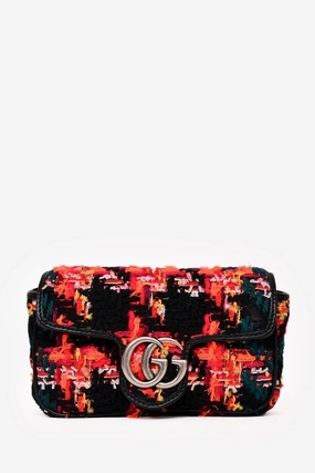 Gucci Orange/Green Tweed Leather Trimmed GG Marmont Super Mini Crossbody With Chain