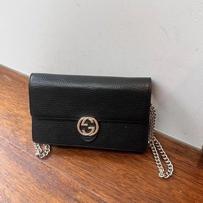 Gucci Preloved Interlocking Leather Chain Shoulder Bag Black - AF939