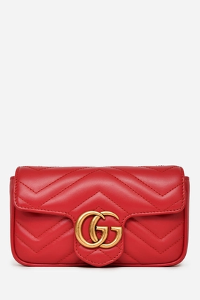 Gucci Red Leather Chevron Quilted Super Mini GG Marmont Crossbody Bag