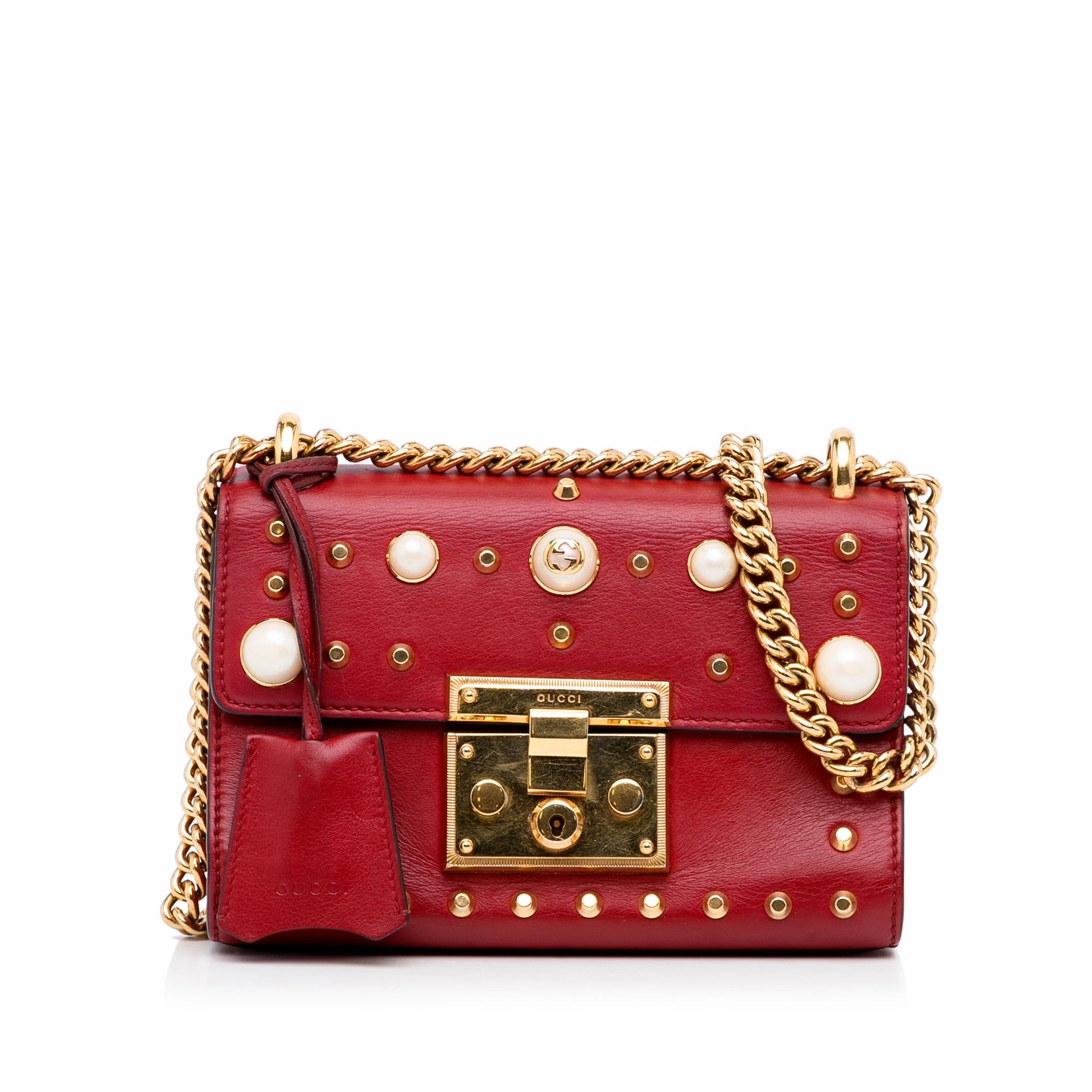 Gucci Small Leather Pearl Studded Padlock Crossbody Bag