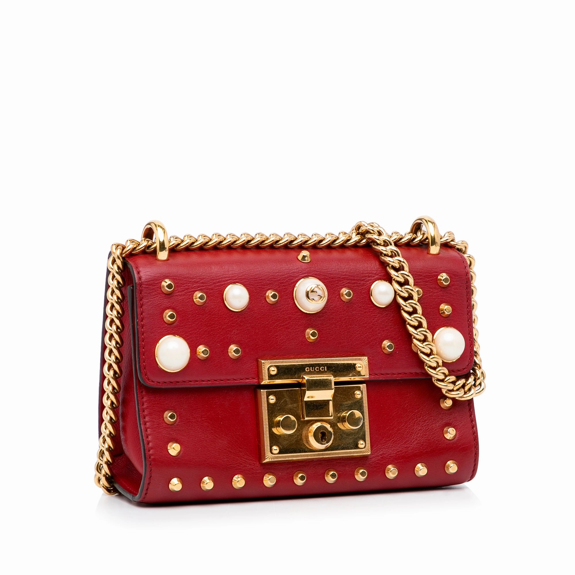 Gucci Small Leather Pearl Studded Padlock Crossbody Bag