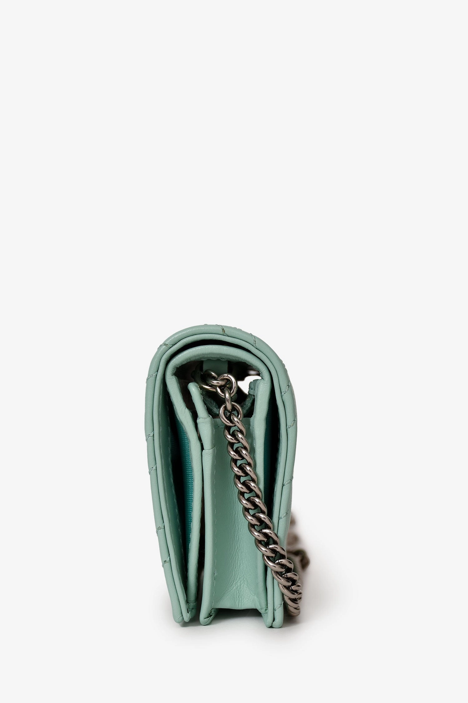 Gucci Teal Leather GG Marmont Chevron Quilted Wallet On Chain
