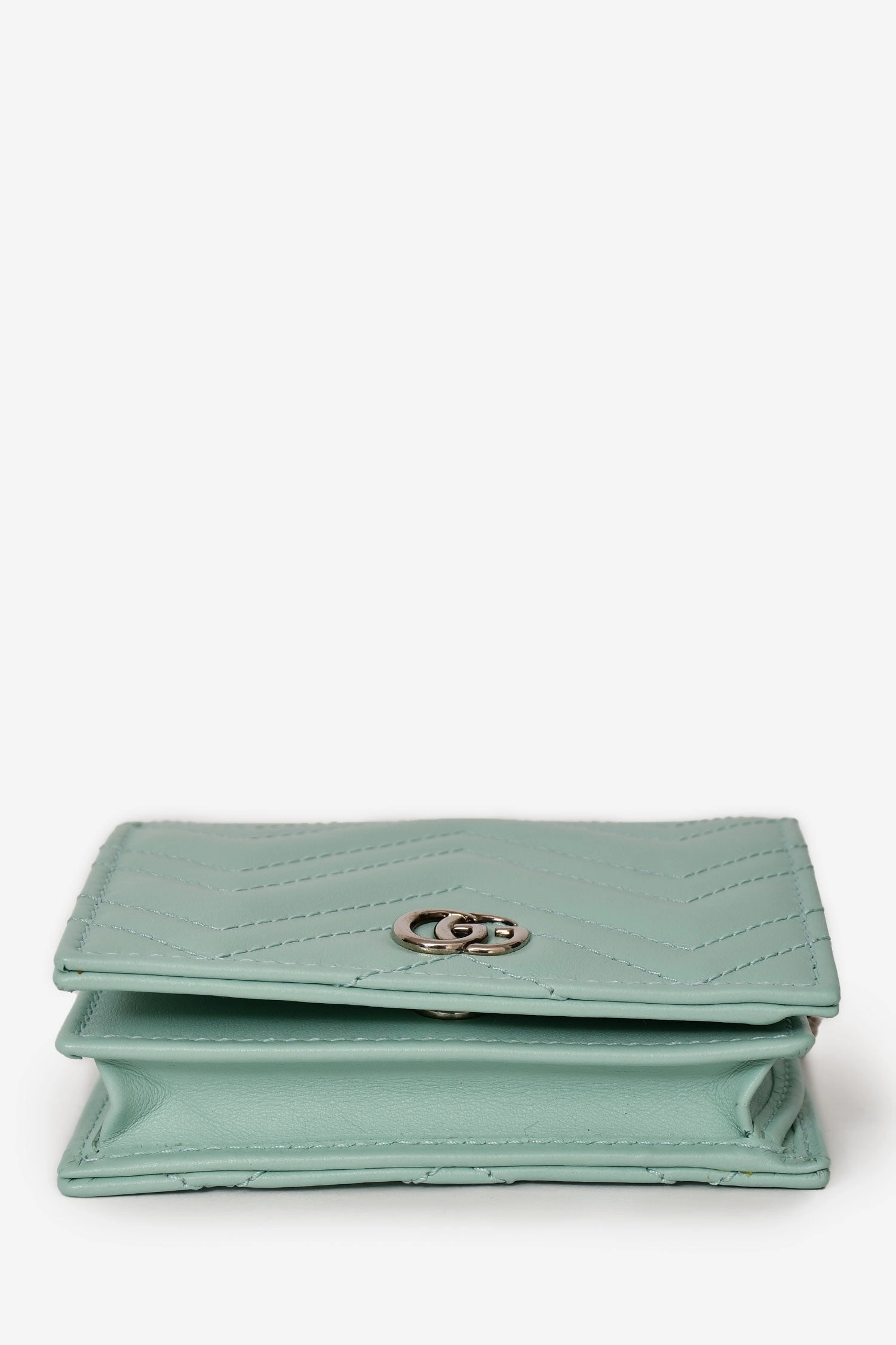 Gucci Teal Leather GG Marmont Chevron Quilted Wallet On Chain