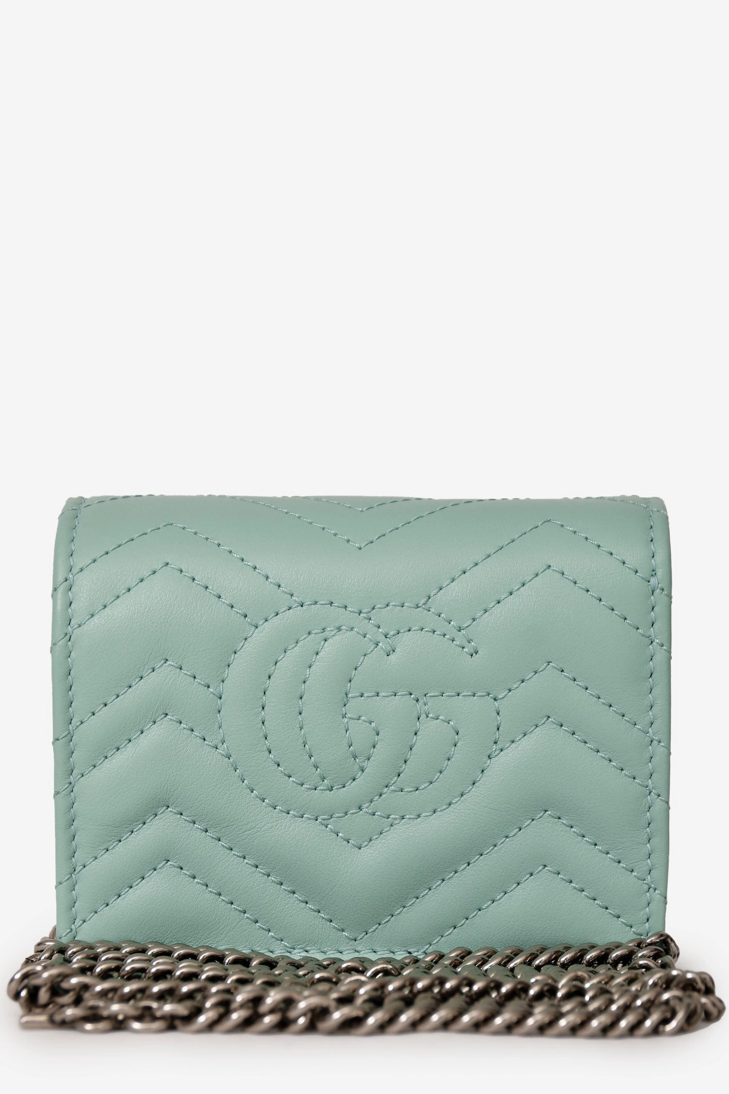 Gucci Teal Leather GG Marmont Chevron Quilted Wallet On Chain