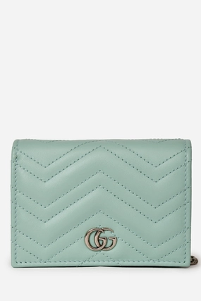 Gucci Teal Leather GG Marmont Chevron Quilted Wallet On Chain