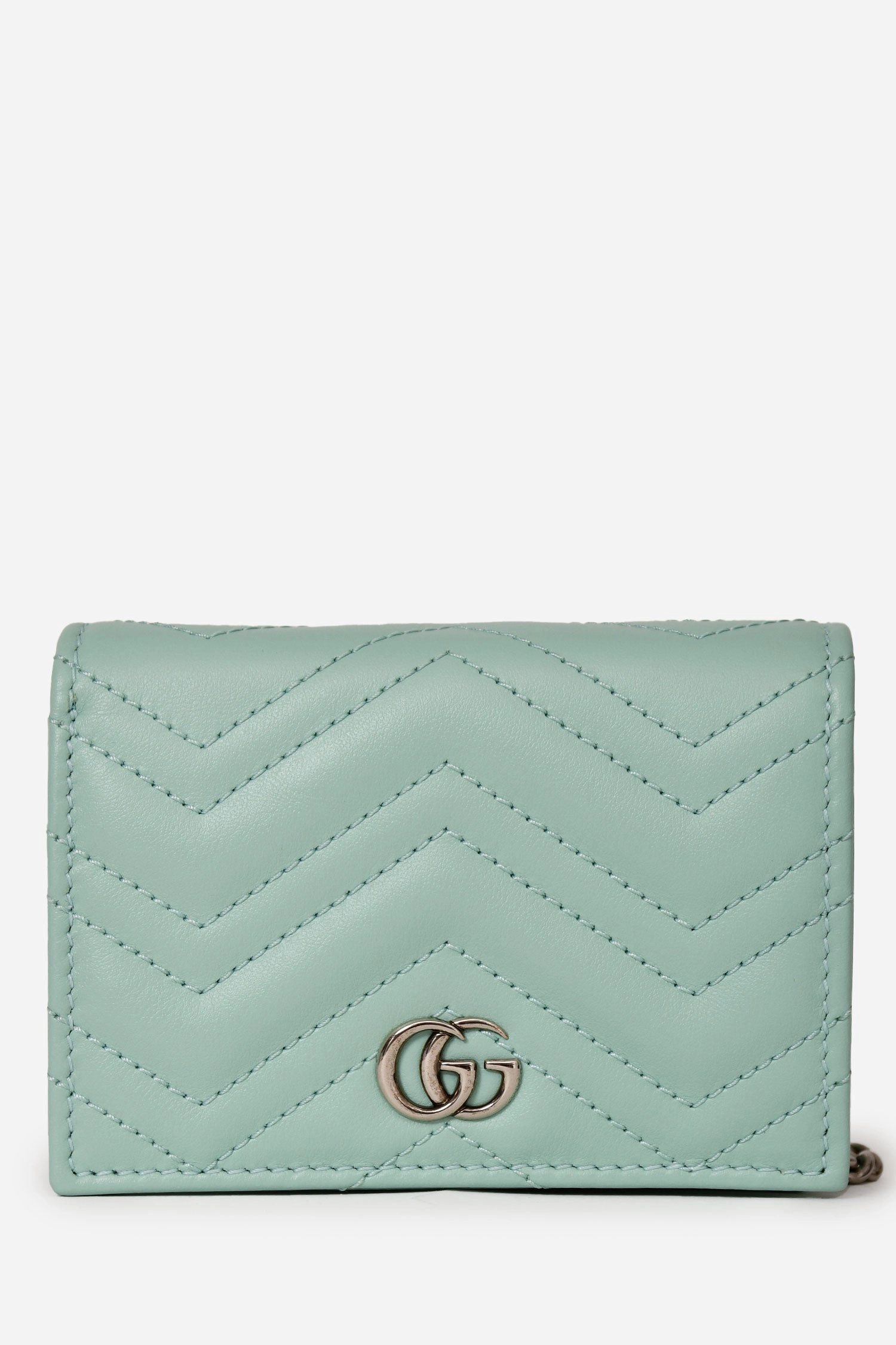 Gucci Teal Leather GG Marmont Chevron Quilted Wallet On Chain