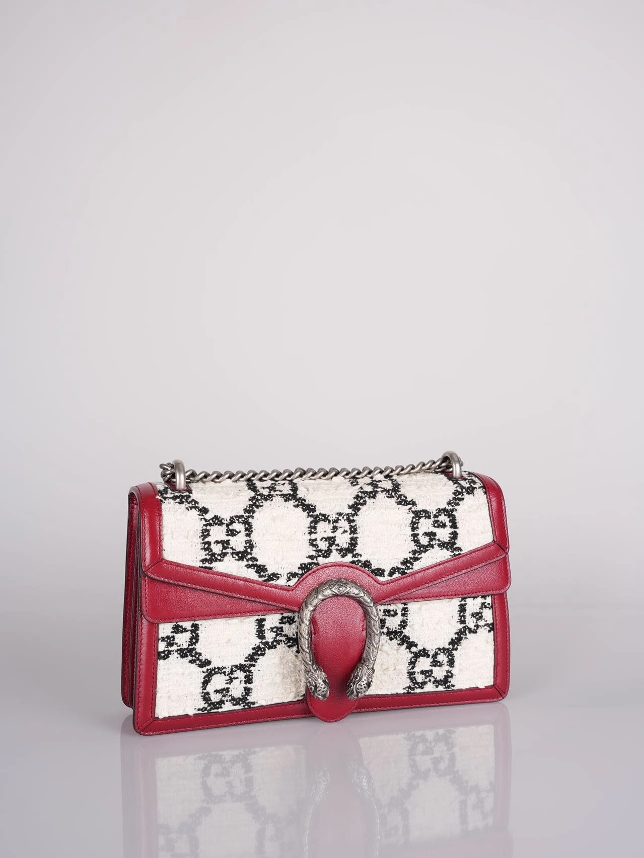 Gucci Tweed Monogram Small Dionysus Shoulder Bag in White/Black/Romantic Cherry