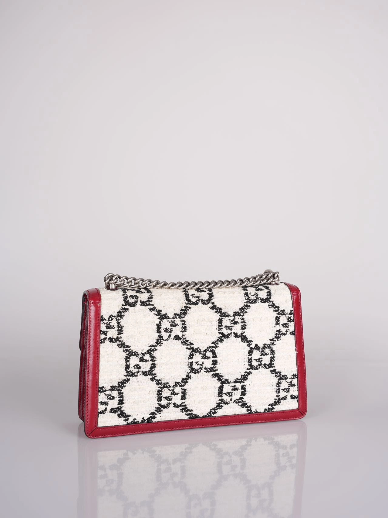 Gucci Tweed Monogram Small Dionysus Shoulder Bag in White/Black/Romantic Cherry