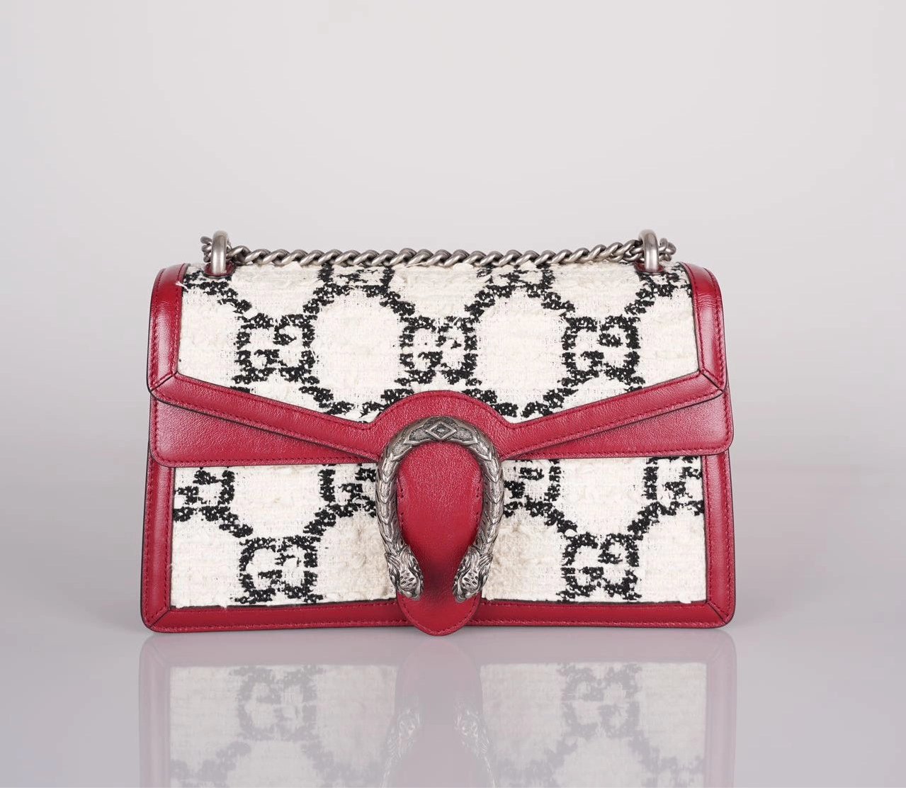 Gucci Tweed Monogram Small Dionysus Shoulder Bag in White/Black/Romantic Cherry