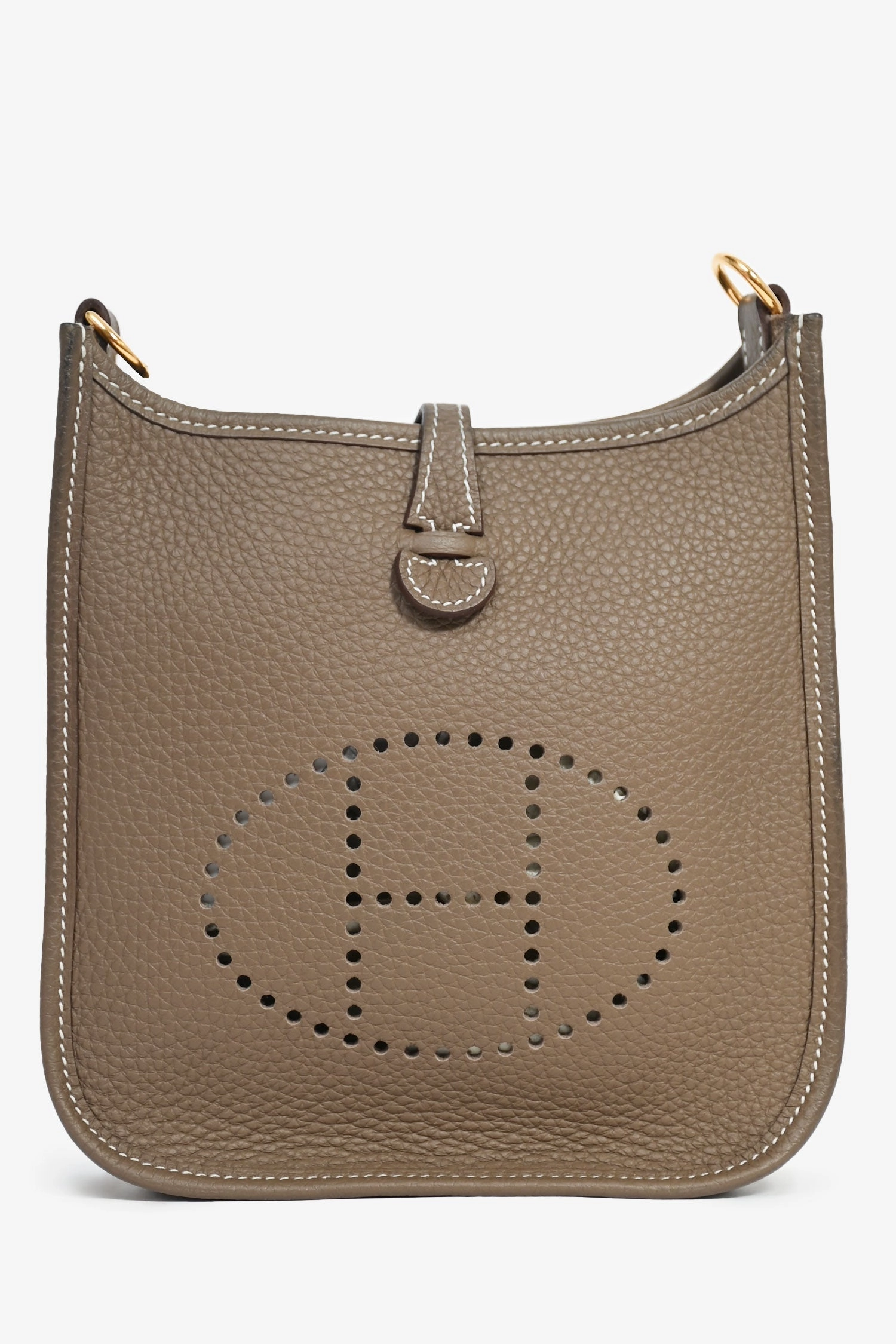 Herms 2023 Etoupe Clemence Leather Evelyne 16 TPM Crossbody with Navy Blue Strap