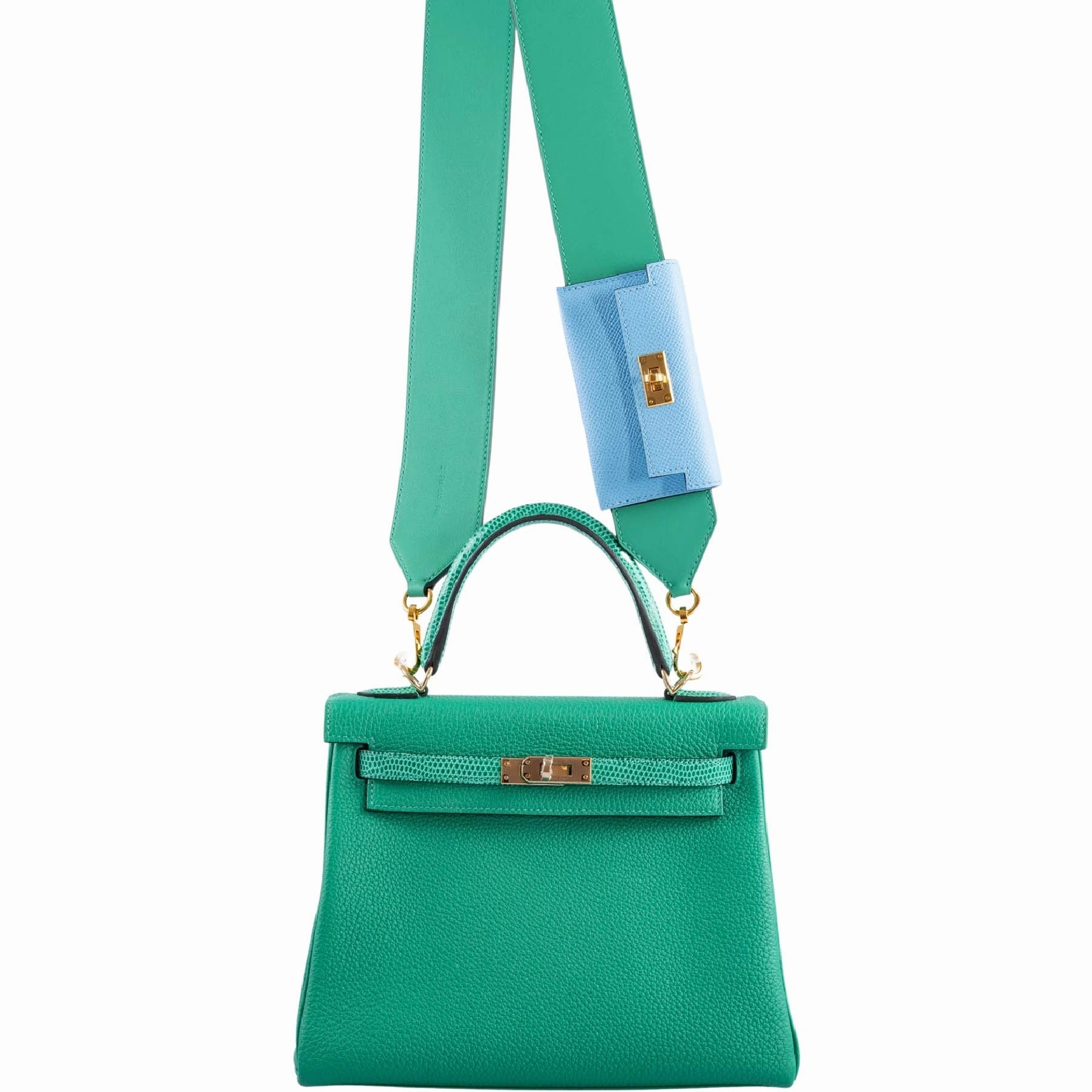 Herms Bandouliere Kelly Pochette Shoulder Strap Menthe Swift and Celeste Epsom Gold hardware