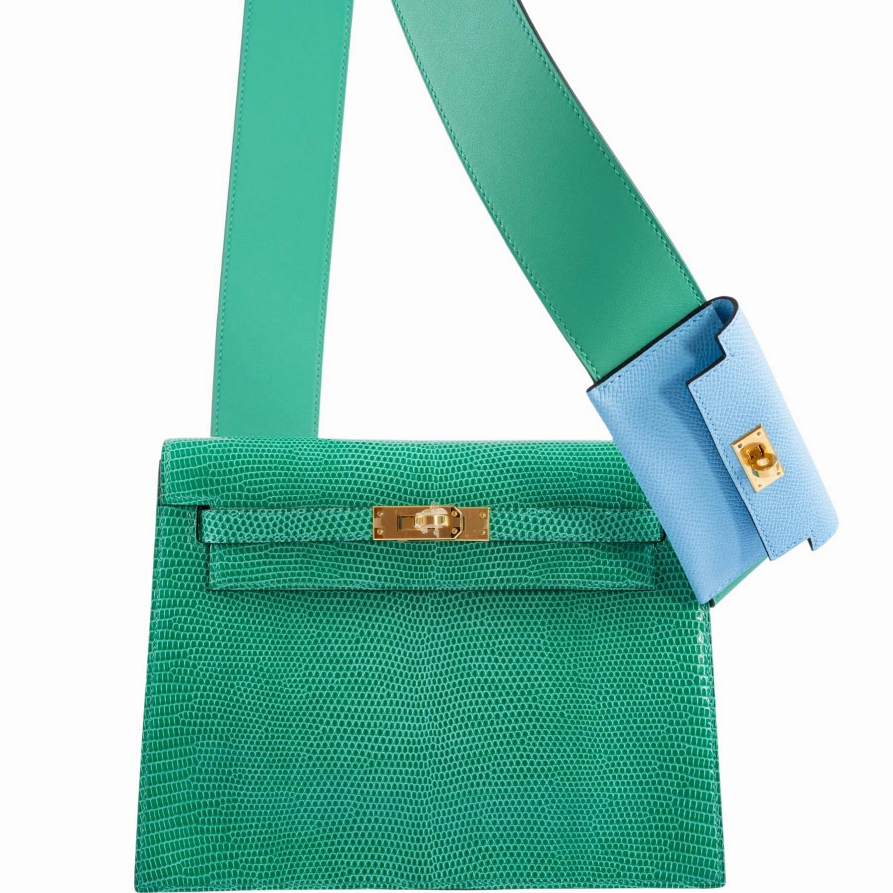 Herms Bandouliere Kelly Pochette Shoulder Strap Menthe Swift and Celeste Epsom Gold hardware