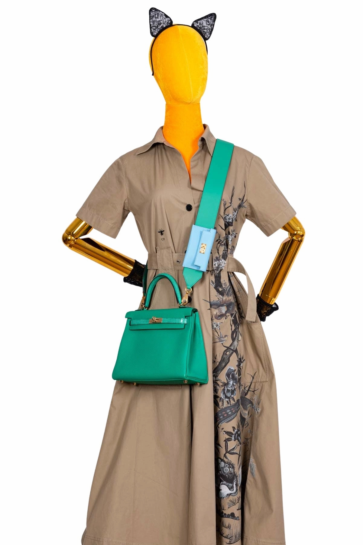 Herms Bandouliere Kelly Pochette Shoulder Strap Menthe Swift and Celeste Epsom Gold hardware