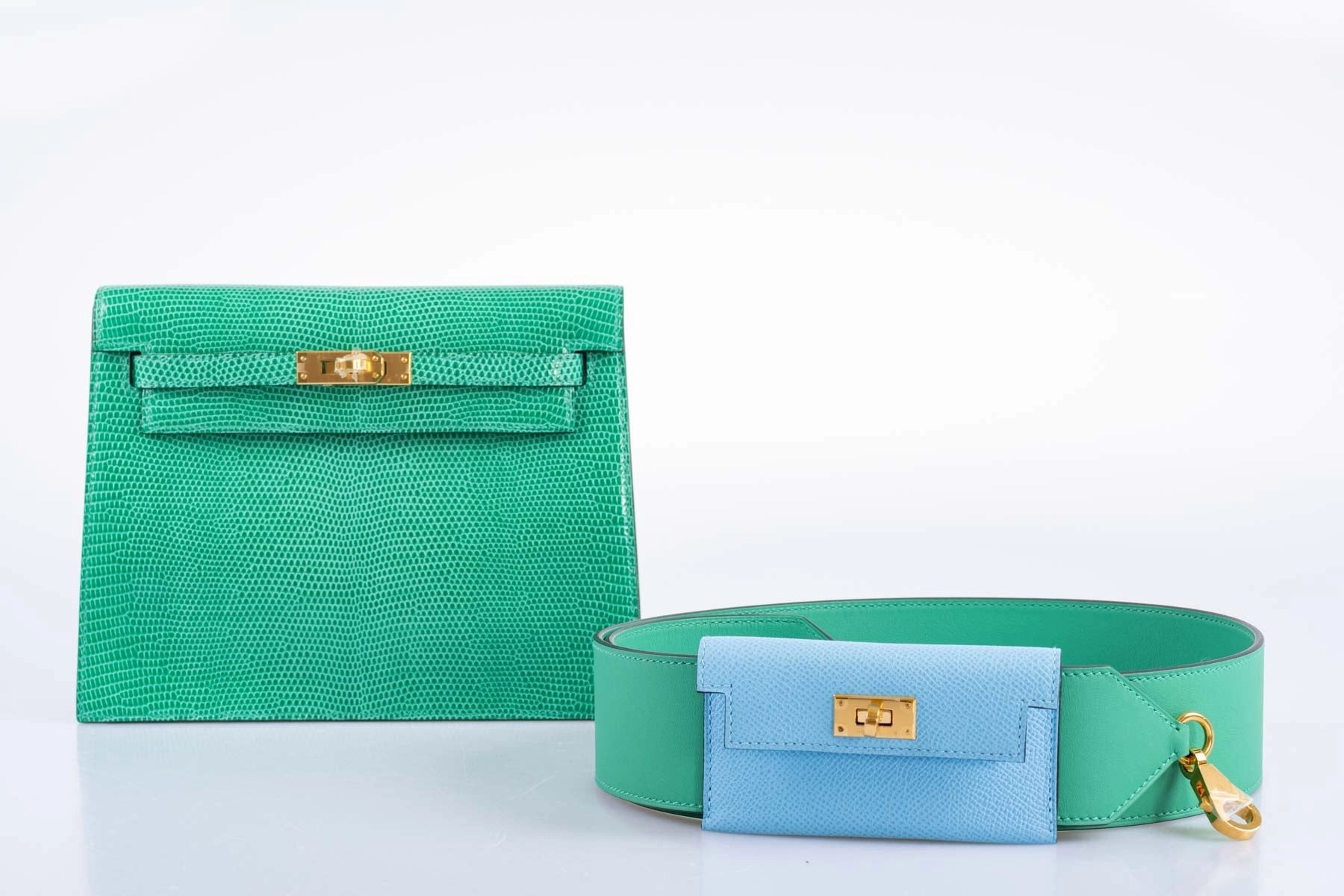 Herms Bandouliere Kelly Pochette Shoulder Strap Menthe Swift and Celeste Epsom Gold hardware