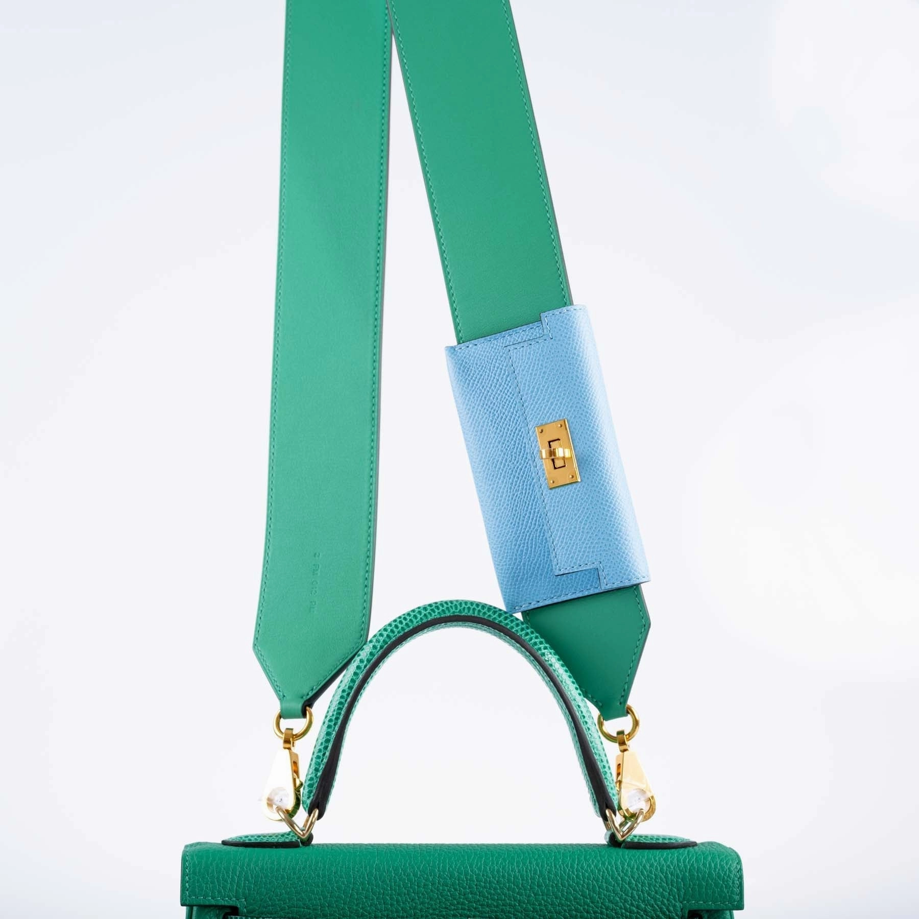 Herms Bandouliere Kelly Pochette Shoulder Strap Menthe Swift and Celeste Epsom Gold hardware