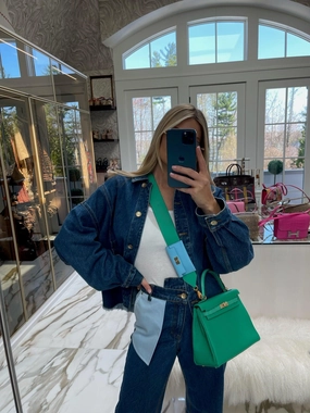 Herms Bandouliere Kelly Pochette Shoulder Strap Menthe Swift and Celeste Epsom Gold hardware