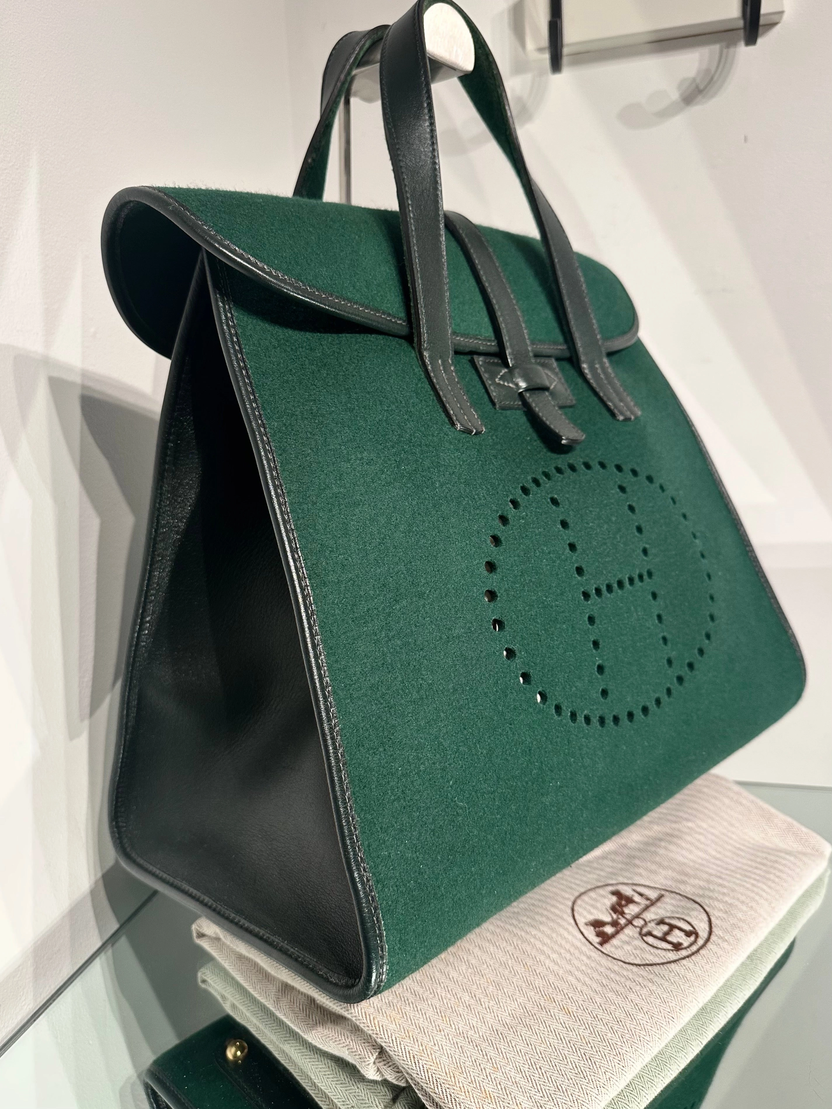 HERMS Feu2Dou Tote Vert Fonce Feutre & Gulliver Leather