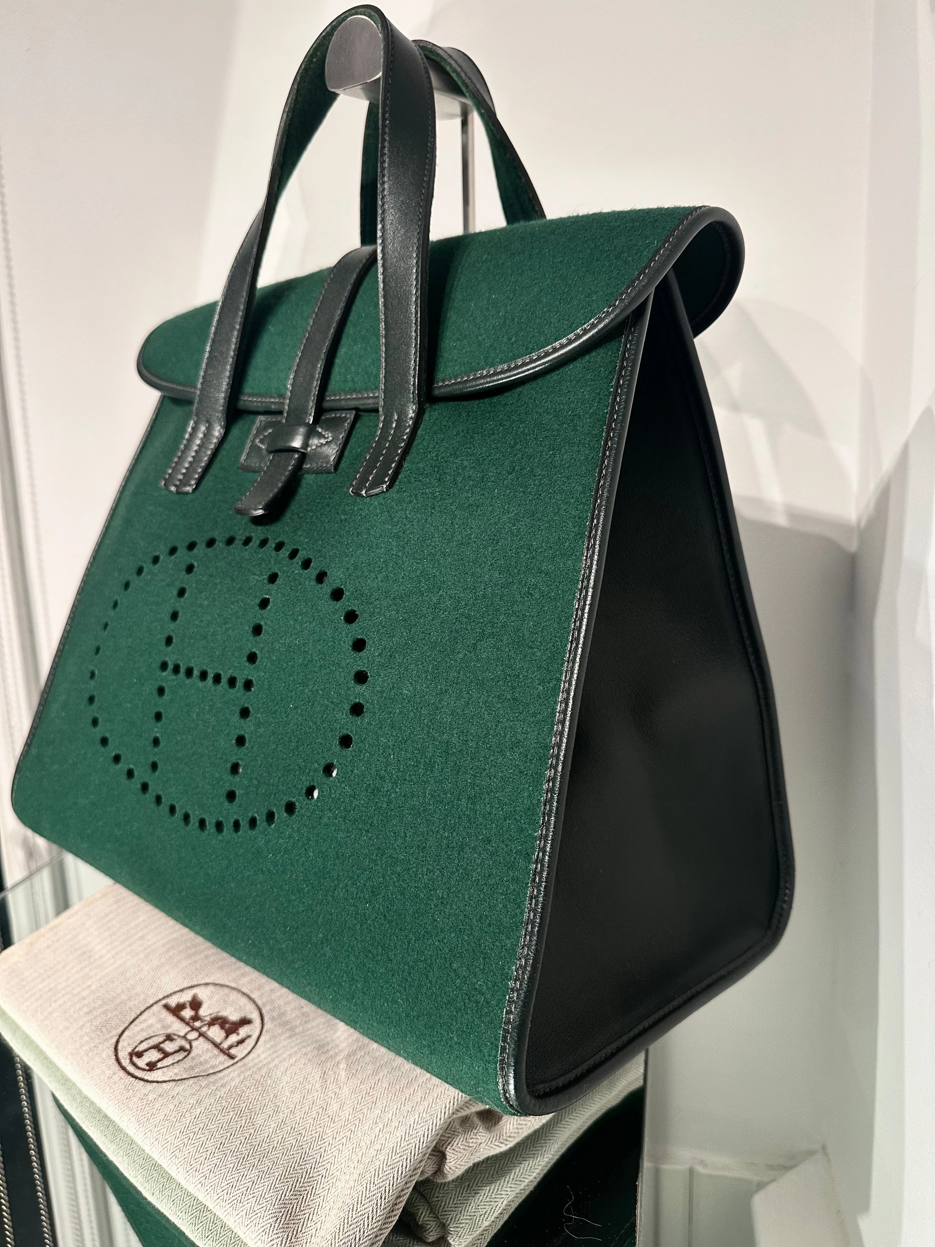 HERMS Feu2Dou Tote Vert Fonce Feutre & Gulliver Leather